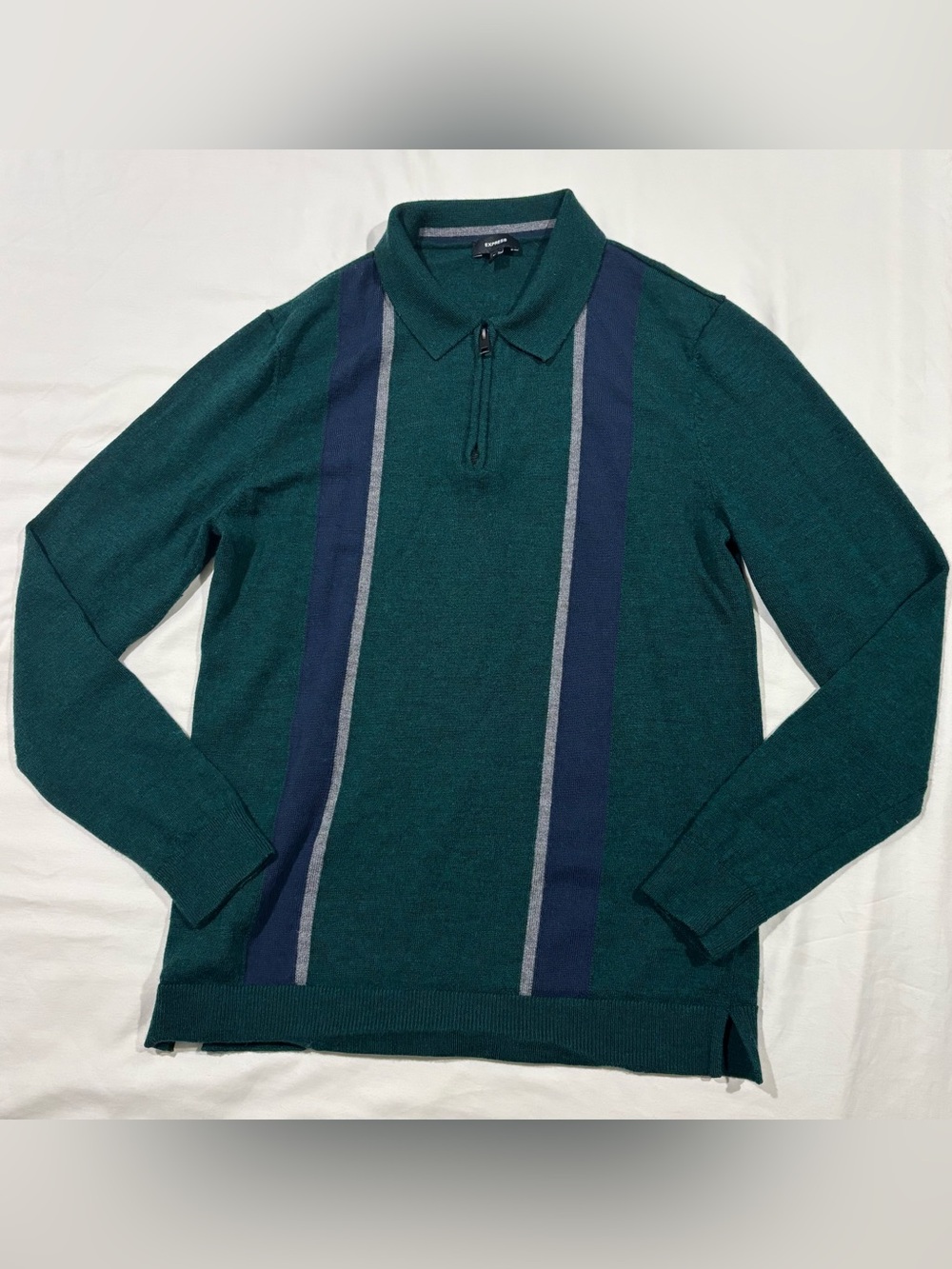 Express Men’s Dark Green Zip-Up Polo Sweater with Navy and Gray Stripes